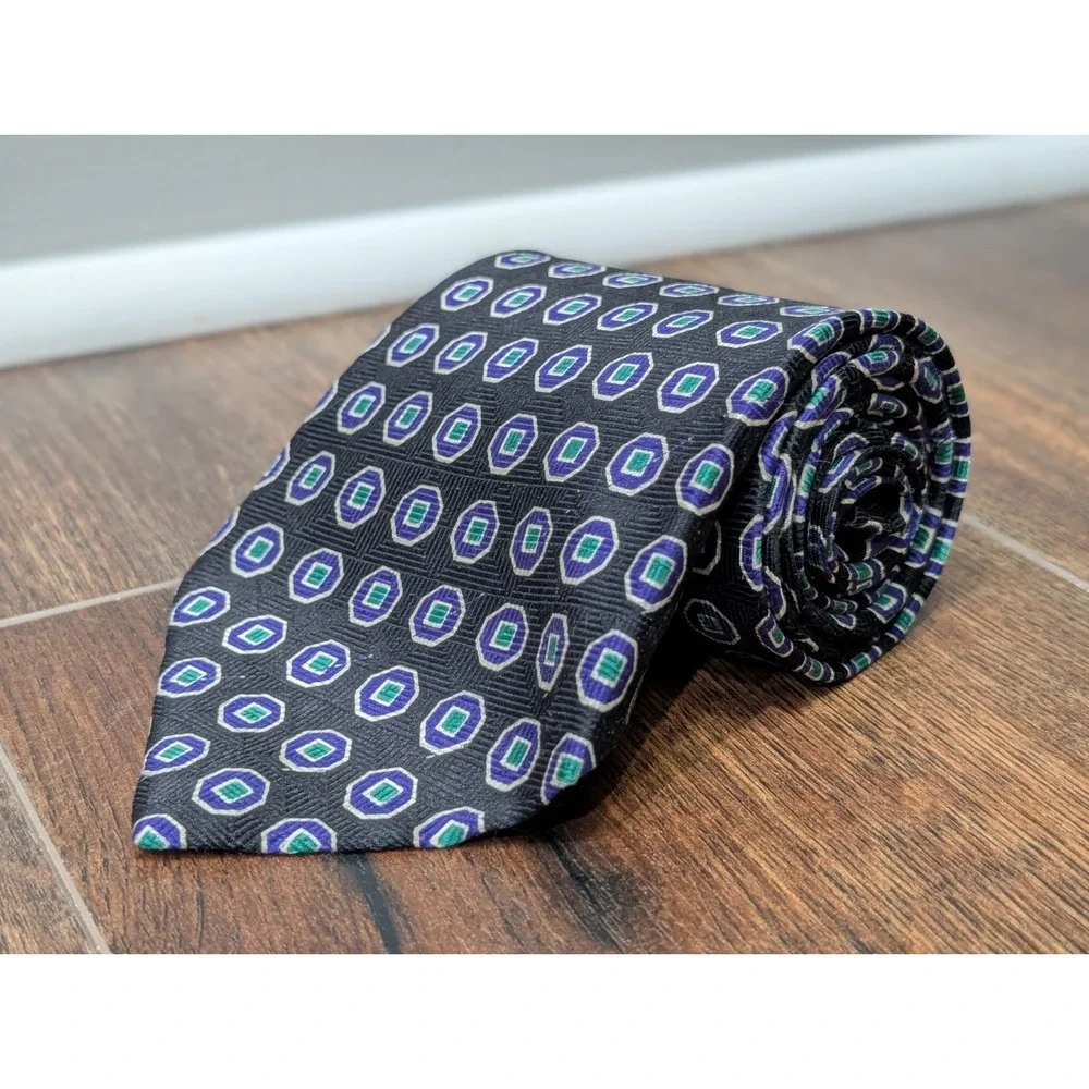 Vintage Polo Ralph Lauren Mens Silk Jacquard Tie Hand Made USA Geometric Foulard